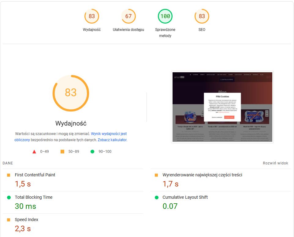 wynik Page speed