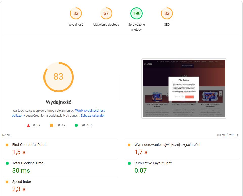 wynik Page speed