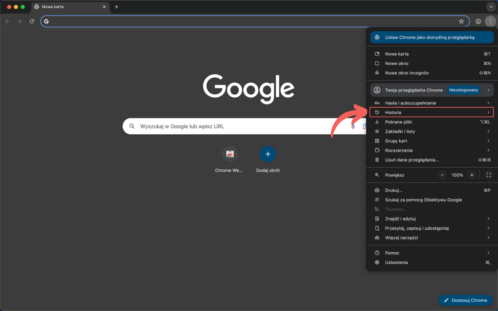 historia przeglądania w przeglądarce desktopowej Google Chrome