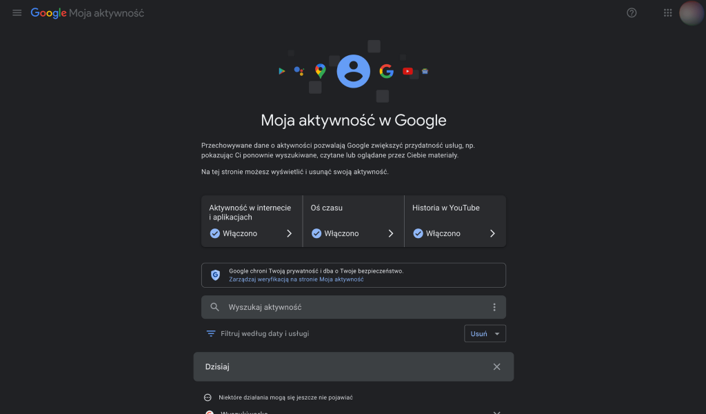 ekran moja aktywnosc w google