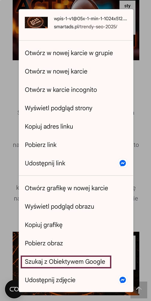 menu kontekstowe przeglądarki na androidzie z zaznaczoną opcją "szukaj z obiektywem Google"
