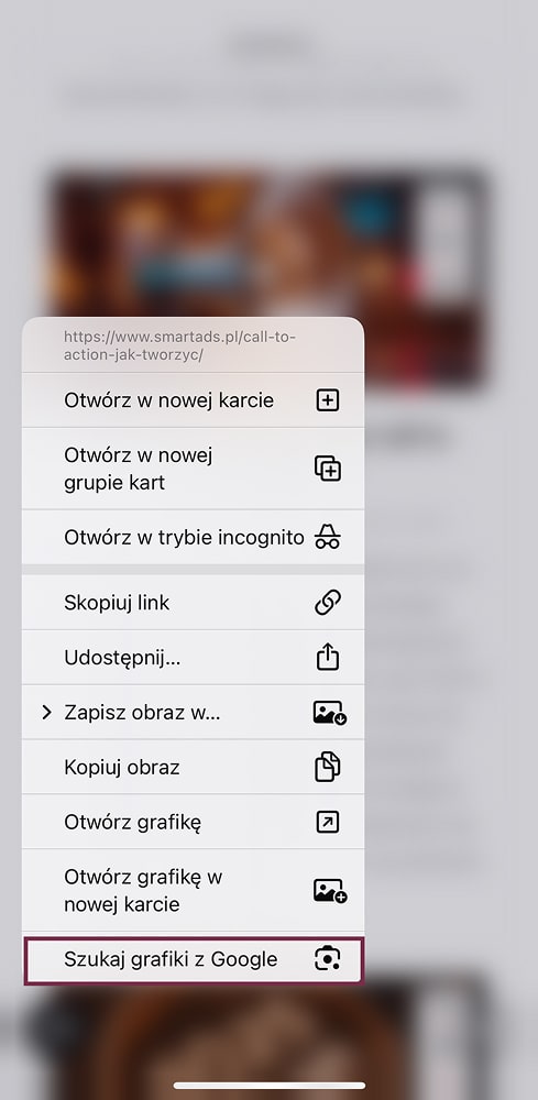 menu kontekstowe przeglądarki w iphone z zaznaczoną opcją "szukaj grafiki z Google"