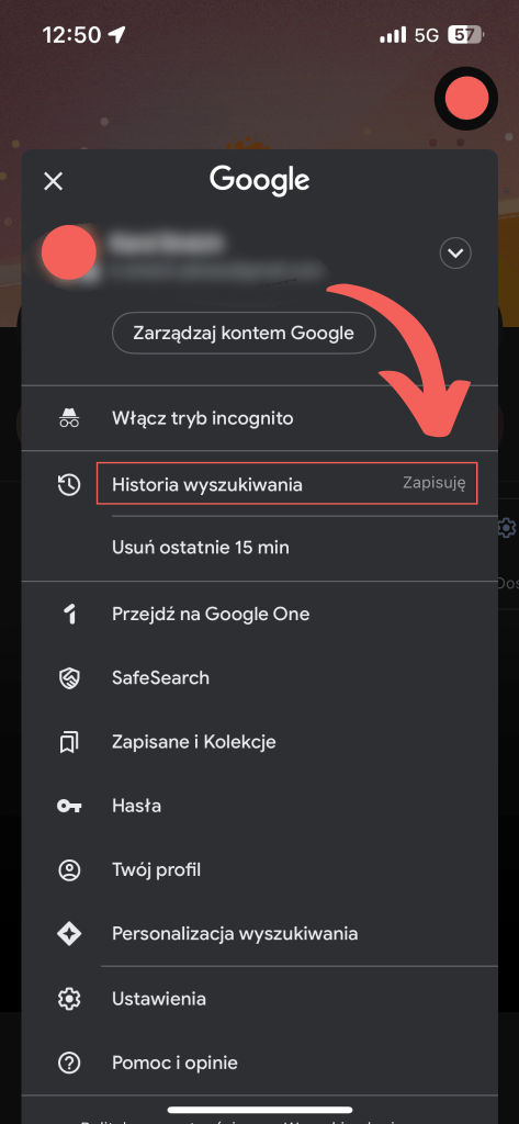 opcja historii wyszukiwania na koncie google w telefonie z Androidem