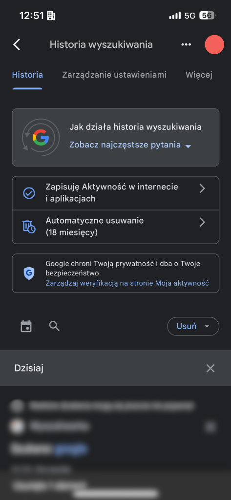 historia wyszukiwania na koncie google w telefonie z Androidem