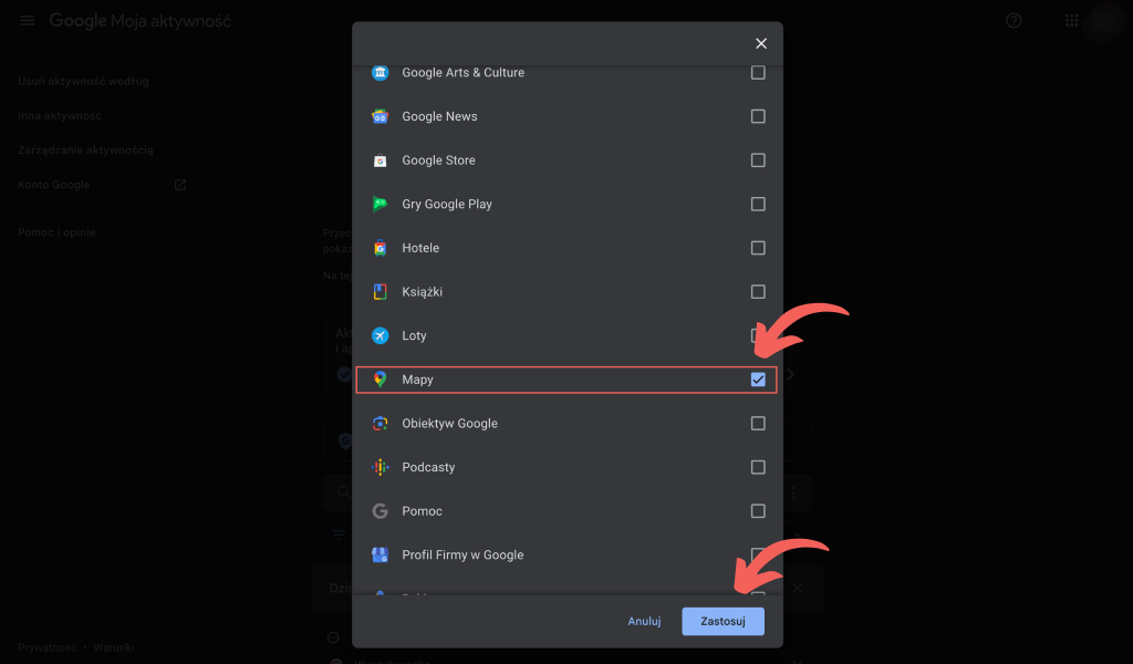 checkboxy pozwalające na usunięcie historii wyszukiwania w aplikacjach google