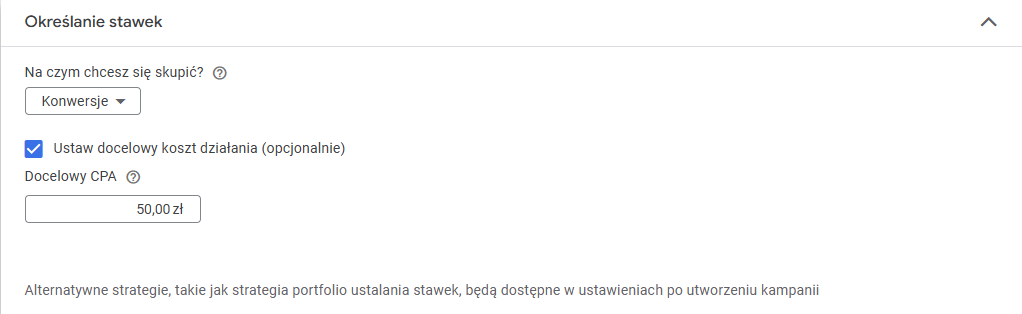 określenie celu oraz maksymalnej stawki w Google Ads