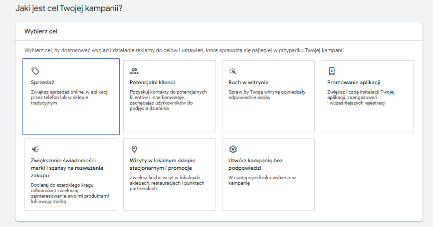 wybór celu kampanii w google ads