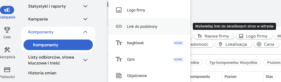 wybór rozszerzenia komponentu w google ads