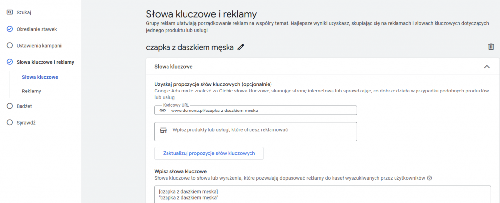 Wybór grupy reklam i słów kluczowych